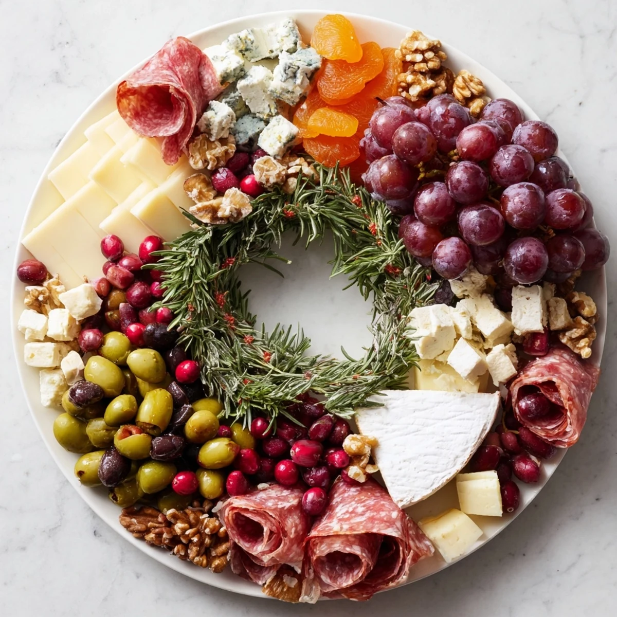 Festive Holiday Wreath Cheese Platter, a delightful arrangement of cheeses, fruits, and meats for entertaining.