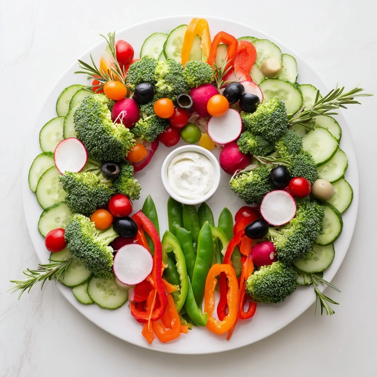 Vibrant Wreath Veggie Dip Platter featuring a colorful medley of fresh vegetables surrounding creamy dip in the center.