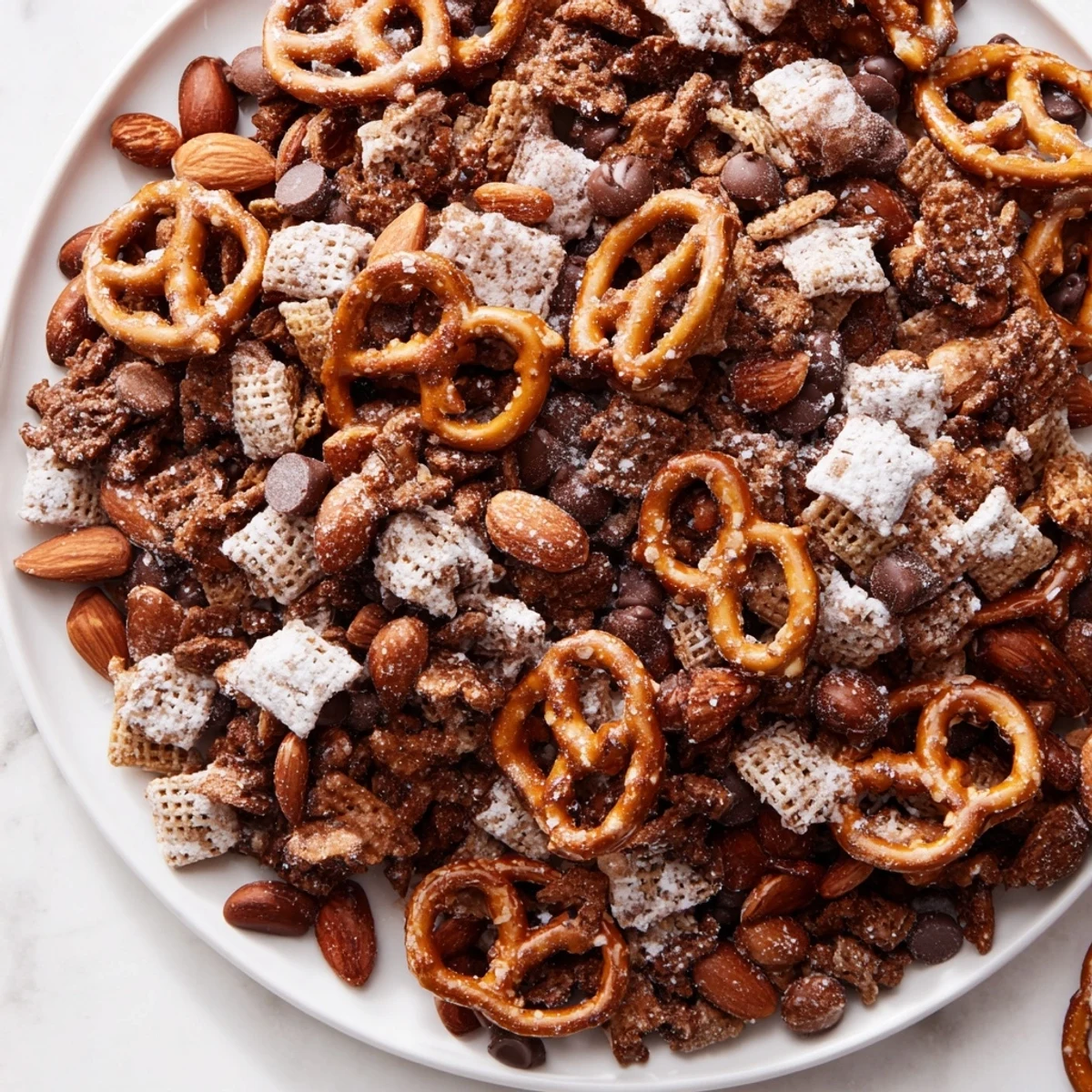 Sweet and salty Festive Pine Cone Snack Mix coated in a glossy, spiced sugar glaze, ready to serve.