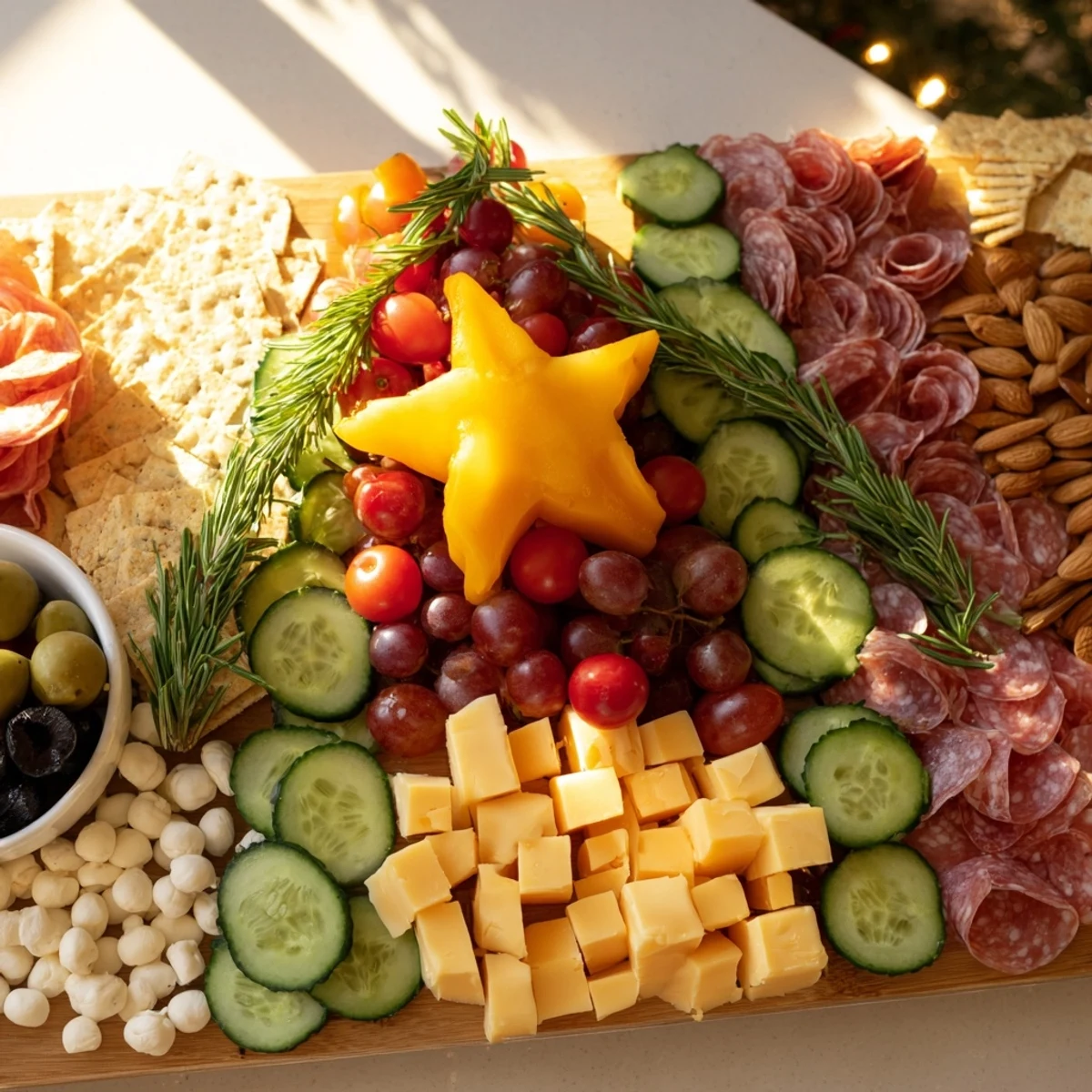 Christmas Tree Snack Board: A stunning party appetizer board filled with colorful cheeses, meats, and delicious treats.