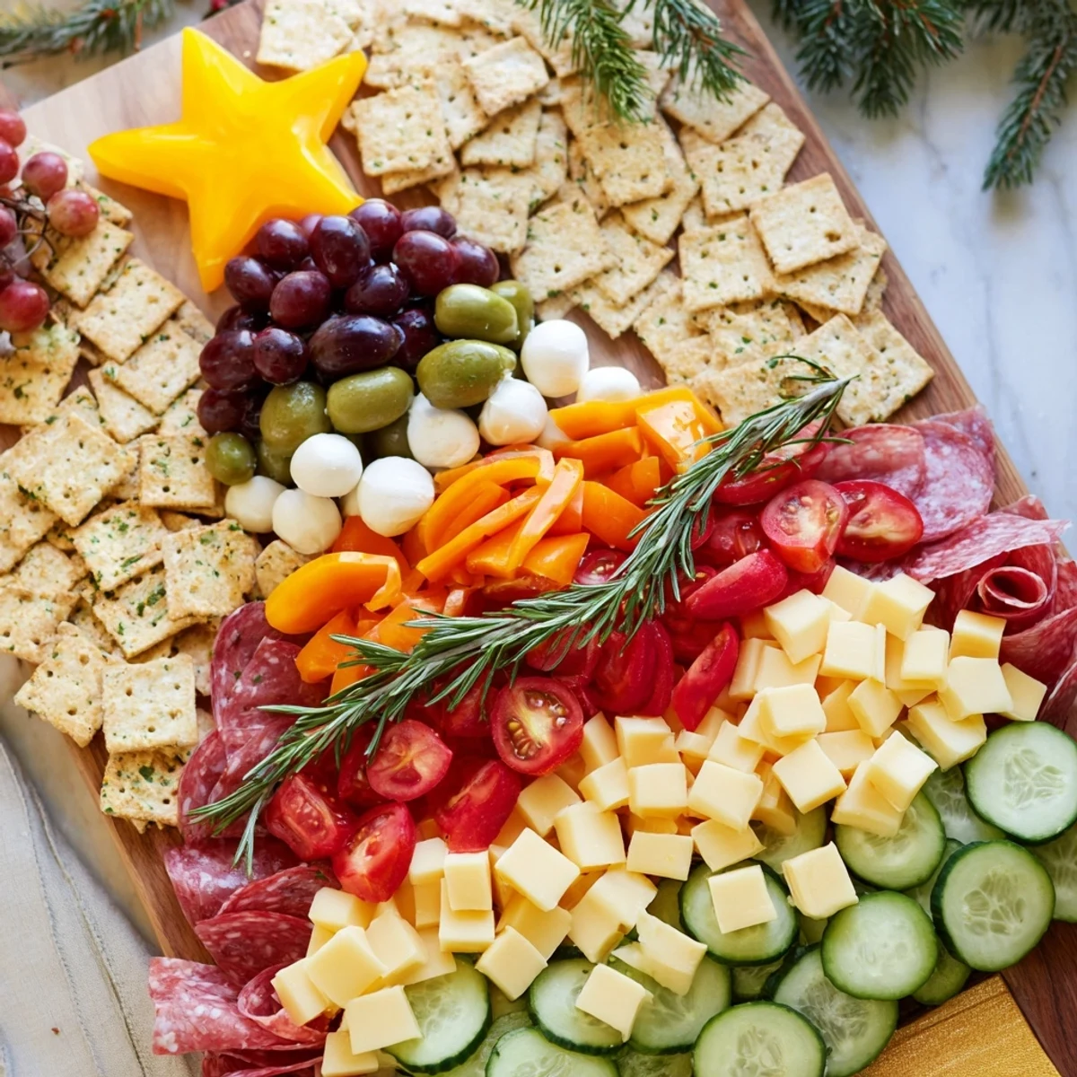 Vibrant Christmas Tree Snack Board: Imagine the platter, overflowing with cheeses, fruits, and crackers ready to enjoy.