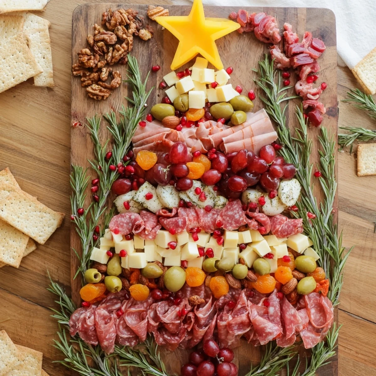 Christmas Tree Charcuterie Dream with vibrant red grapes and a star-topped creation.