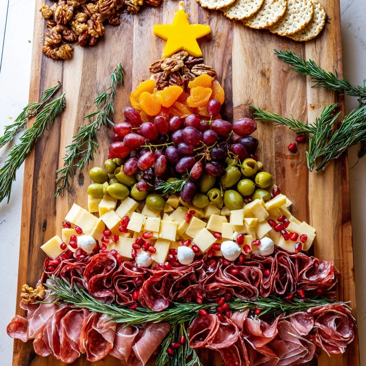 Visually stunning Christmas Tree Charcuterie Dream boasts an array of cheeses and cured meats.