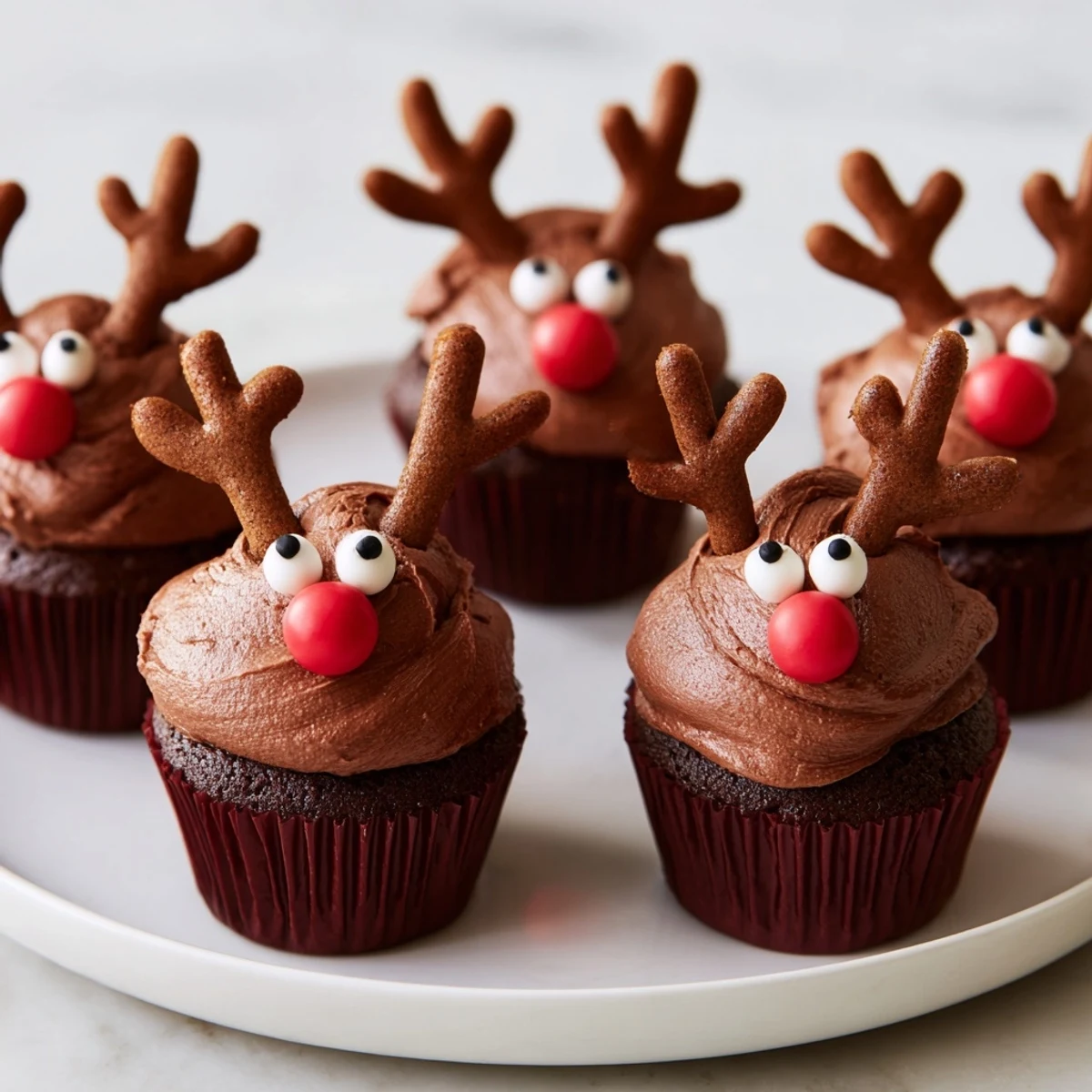 Reindeer Holiday Dessert Platter features festive chocolate cupcakes with gingerbread antlers and creamy cranberry mousse.