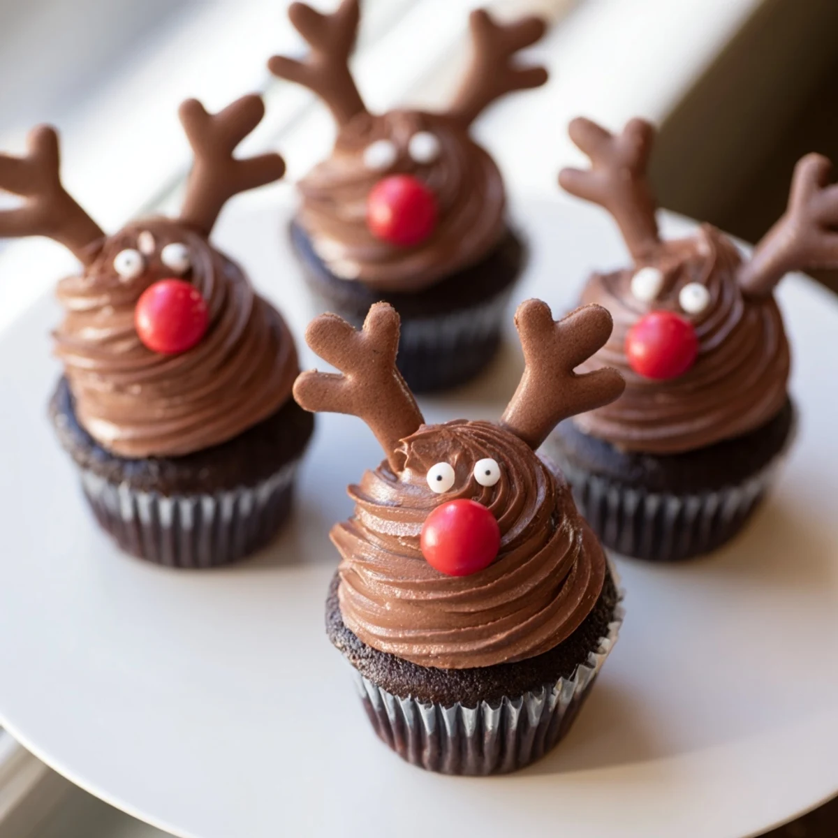 A close-up of a Reindeer Holiday Dessert Platter shows chocolate cupcakes adorned with pretzel and candy eyes.