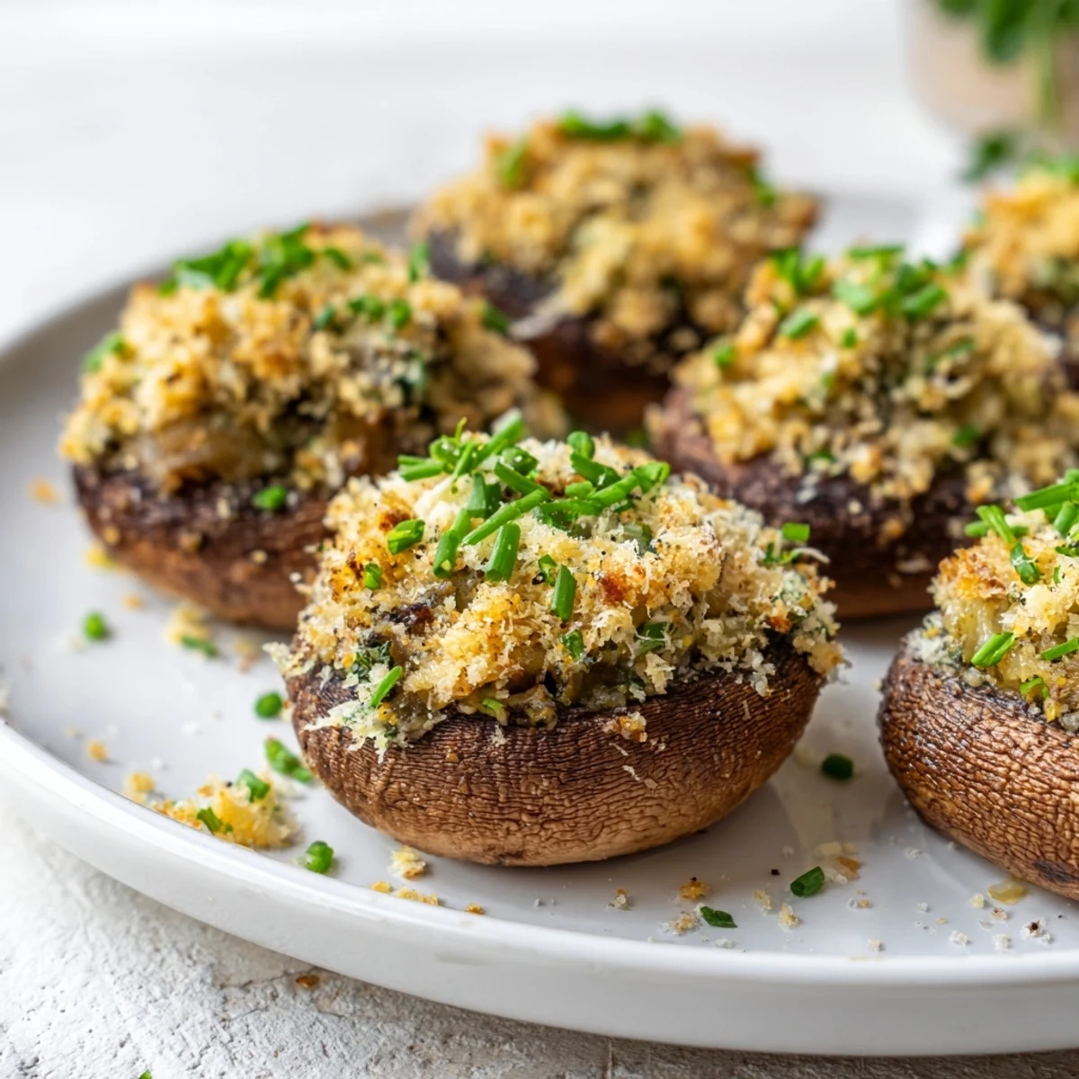 A close-up of delicious Enchanted Forest Mushroom Nibbles, filled with herbs and cheesy stuffing.