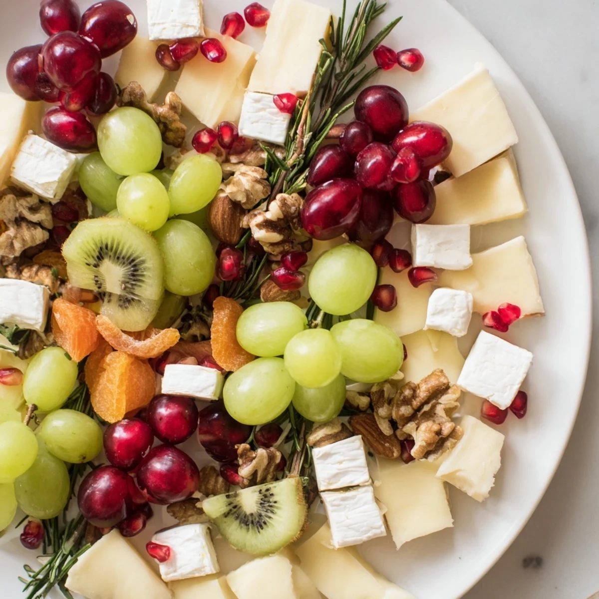 Festive Holiday Tree Appetizer Platter boasts vibrant cheeses, fruits, and meats arranged for a holiday celebration.