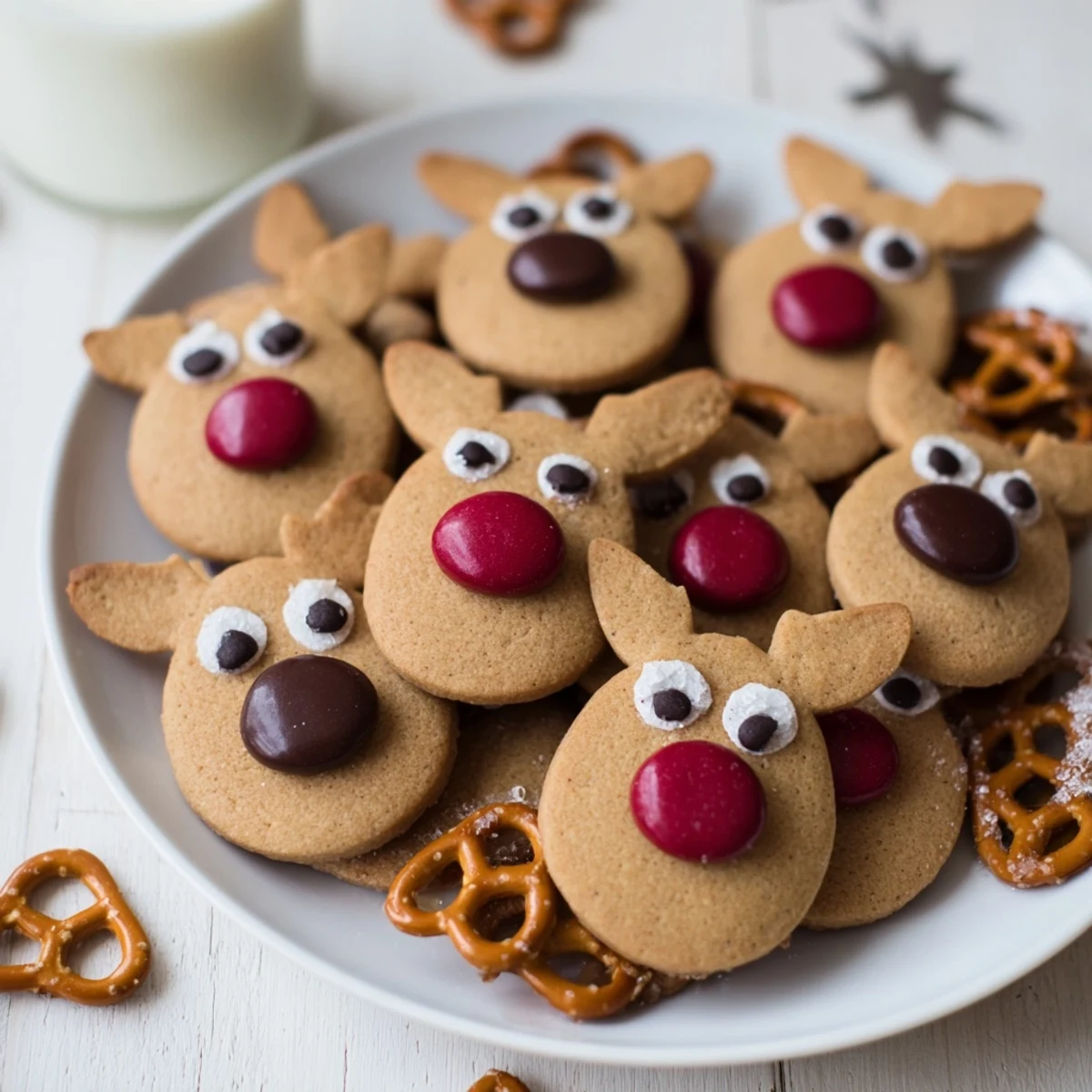 Holiday-themed Santa's Reindeer Cookies, ready to eat, featuring pretzel antlers and red noses.