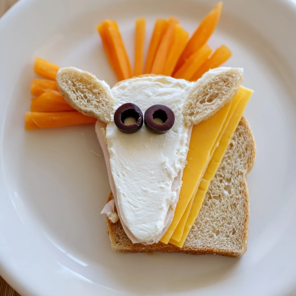 Imagining a child's lunch: Colorful Horse Head Sandwich cutouts with carrot manes look delightful.