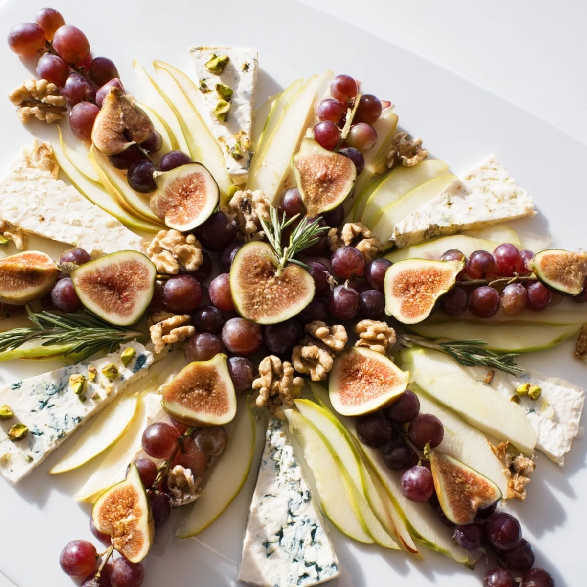 Close-up of a delightful vegan Fig and Walnut Star Board, showcasing the colorful fresh figs and crunchy walnuts.