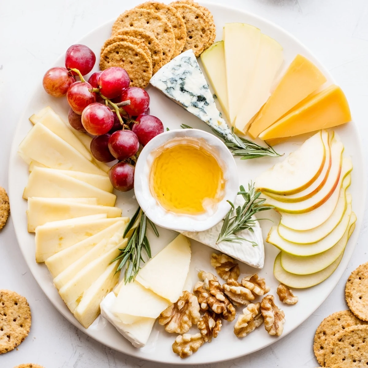 A colorful cheese plate with Brie, cheddar, and grapes, ready to serve as an appetizer.
