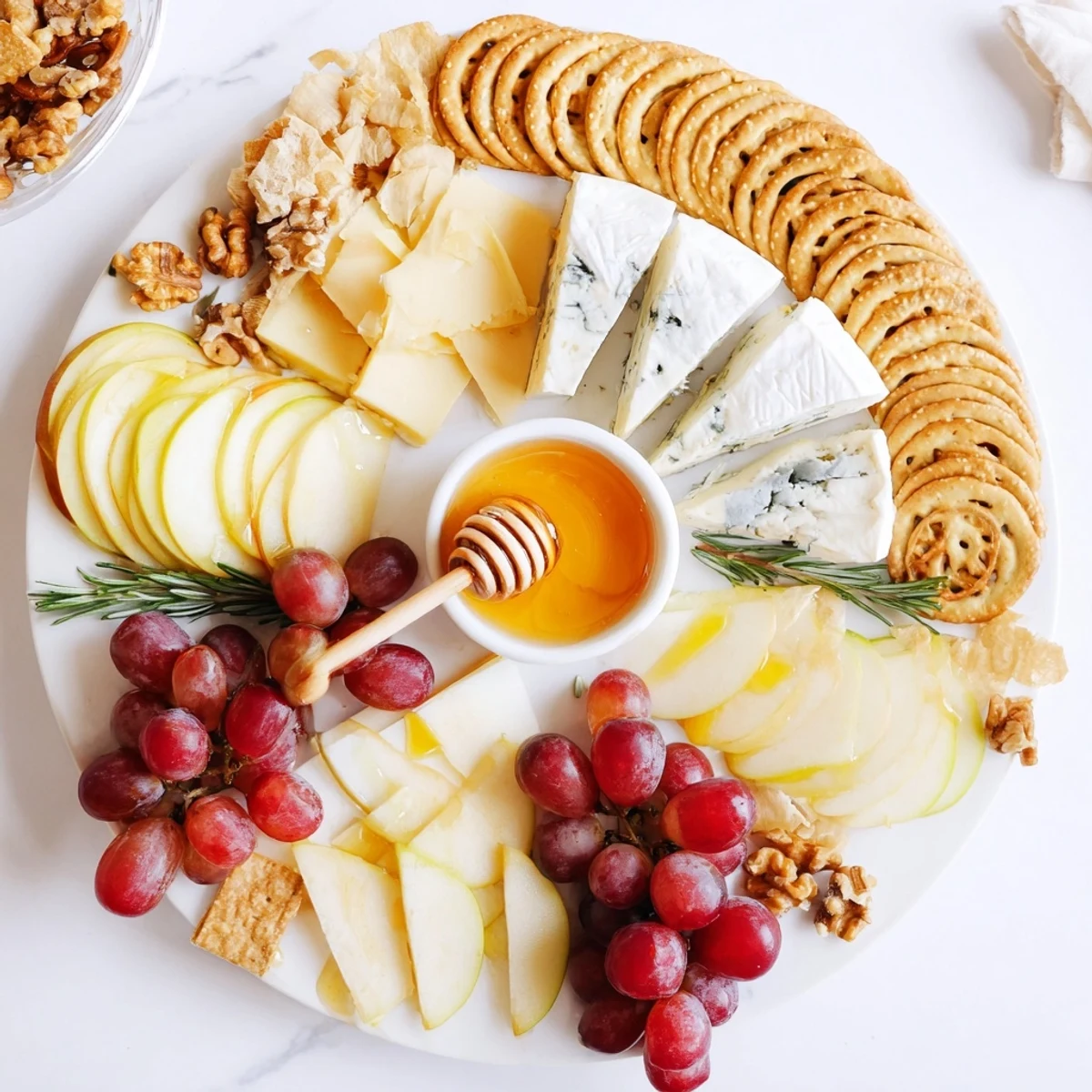 This elegant cheese plate features assorted cheeses and cracker rings, perfect for entertaining guests.