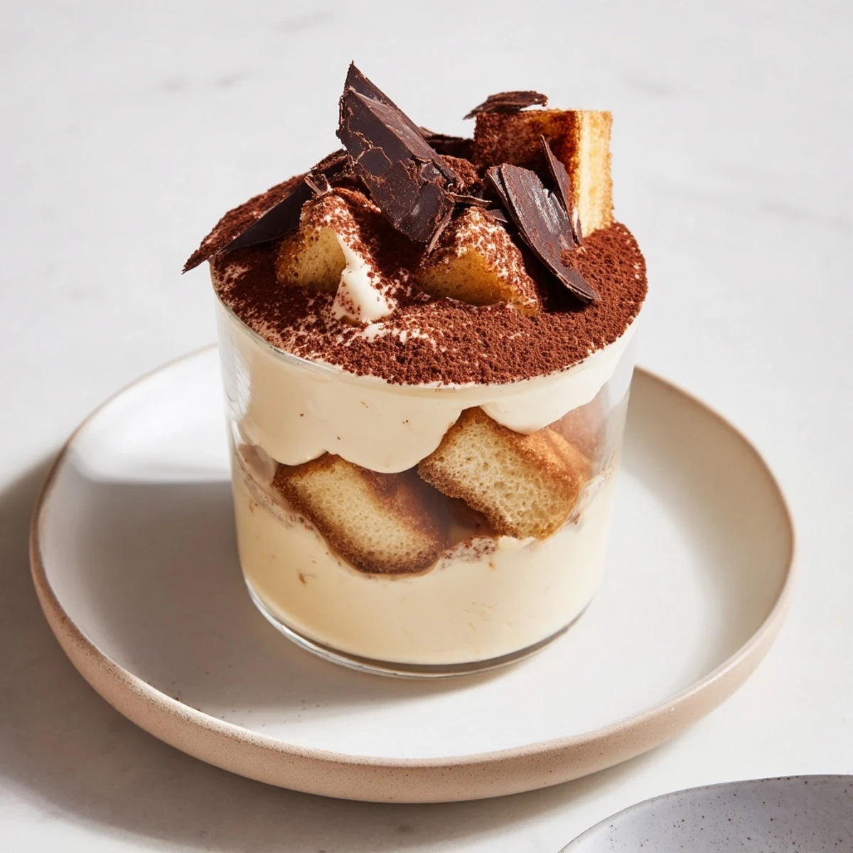 Countdown Tiramisu Shots ready to serve: layered ladyfingers and cream dusted with cocoa.