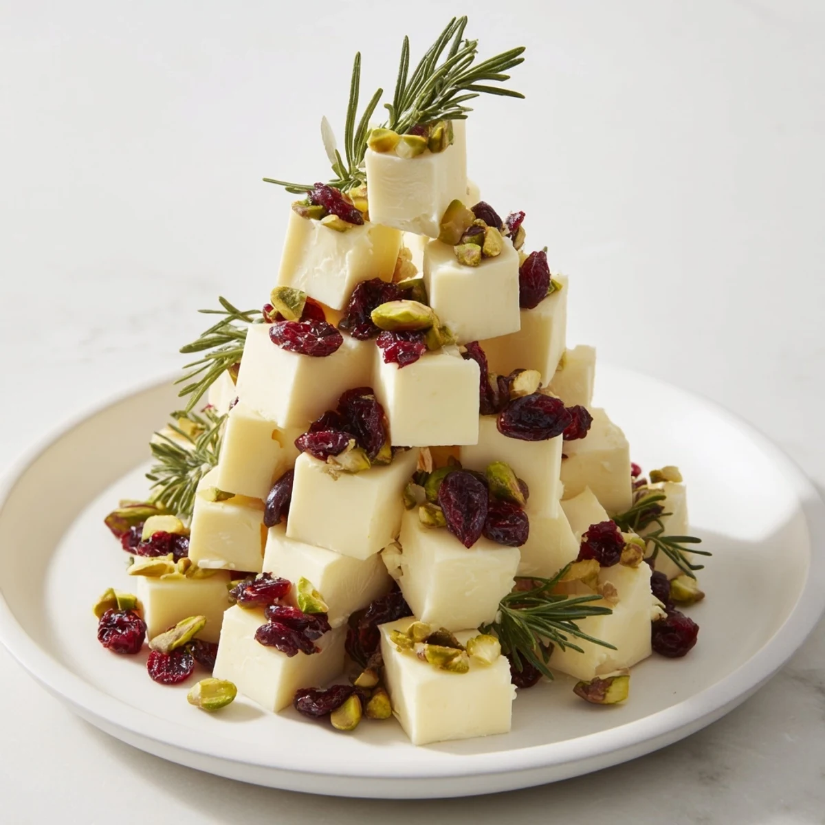 This holiday cranberry white cheddar tree features creamy cheese cubes and crunchy pistachios.