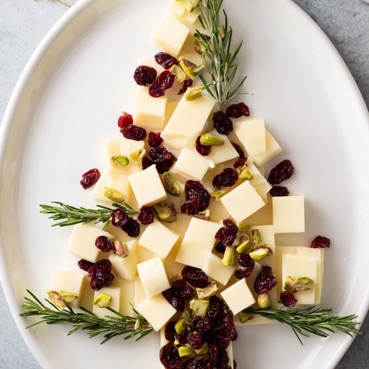Delicious white cheddar tree appetizer, layered with cranberries, ready to serve with crackers.