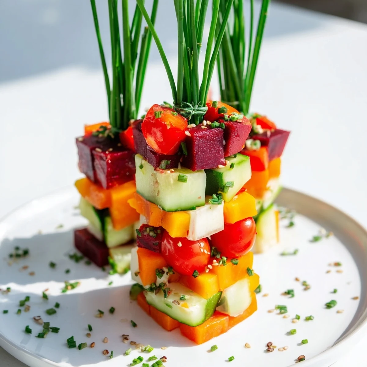 Freshly assembled Stacked Gift Box Veggie Cubes, a festive, colorful platter of healthy veggie snack creations.