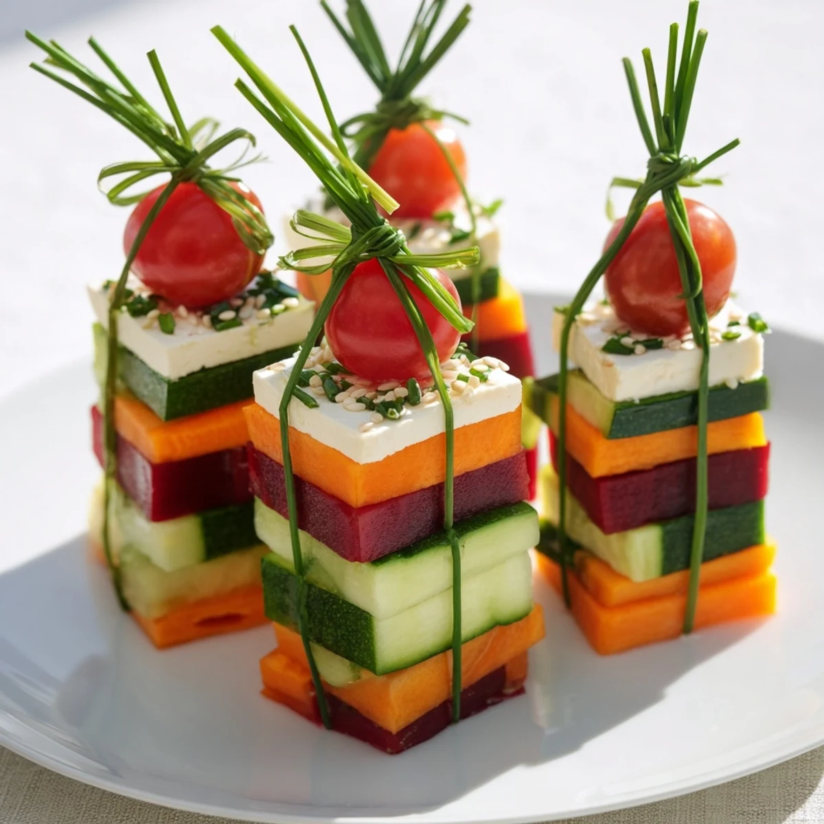 Vibrant Stacked Gift Box Veggie Cubes, colorful veggie towers with feta cheese, ready to serve as appetizers.