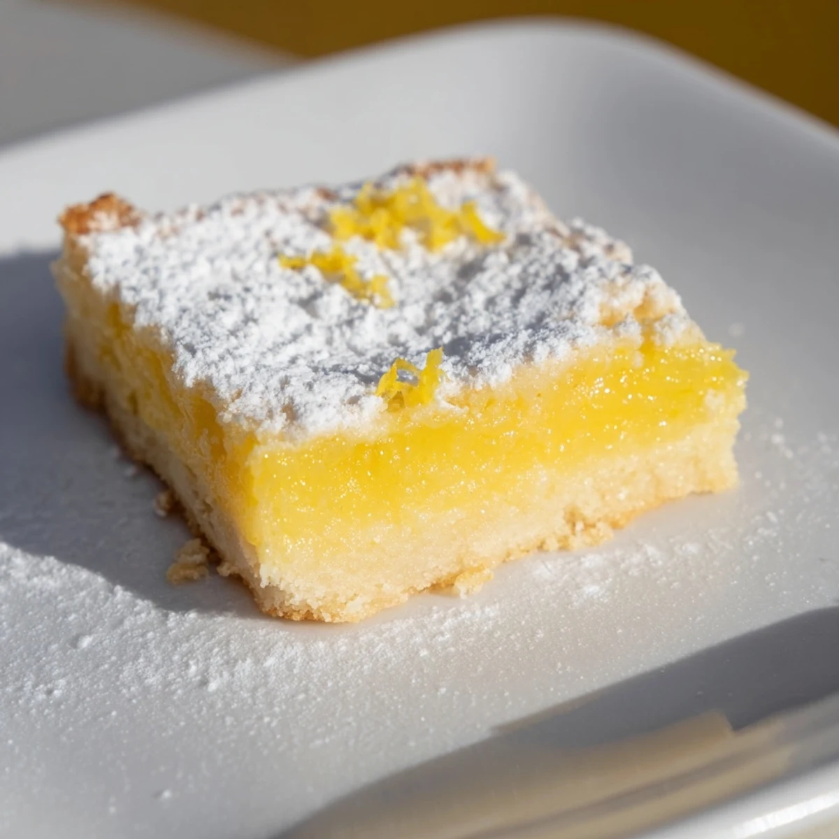 Freshly baked lemon bars, cut into triangles, dusted with powdered sugar, offering a sunny, sweet taste.