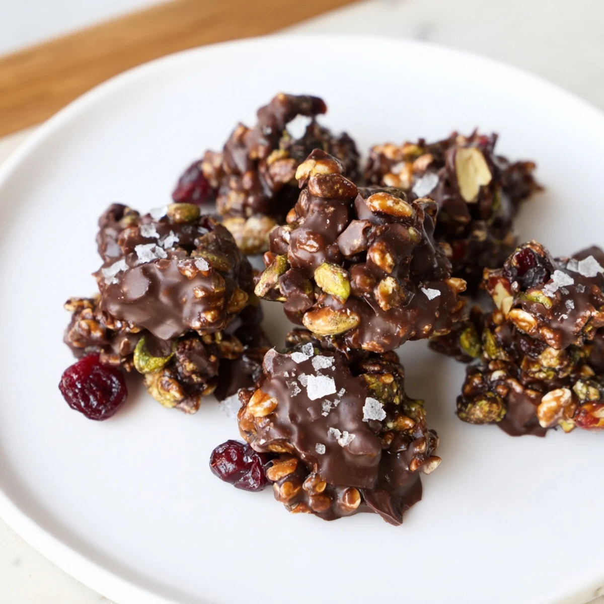 Dark chocolate Pistachio and Dried Cranberry Clusters, perfect for snacking, studded with bright red cranberries.