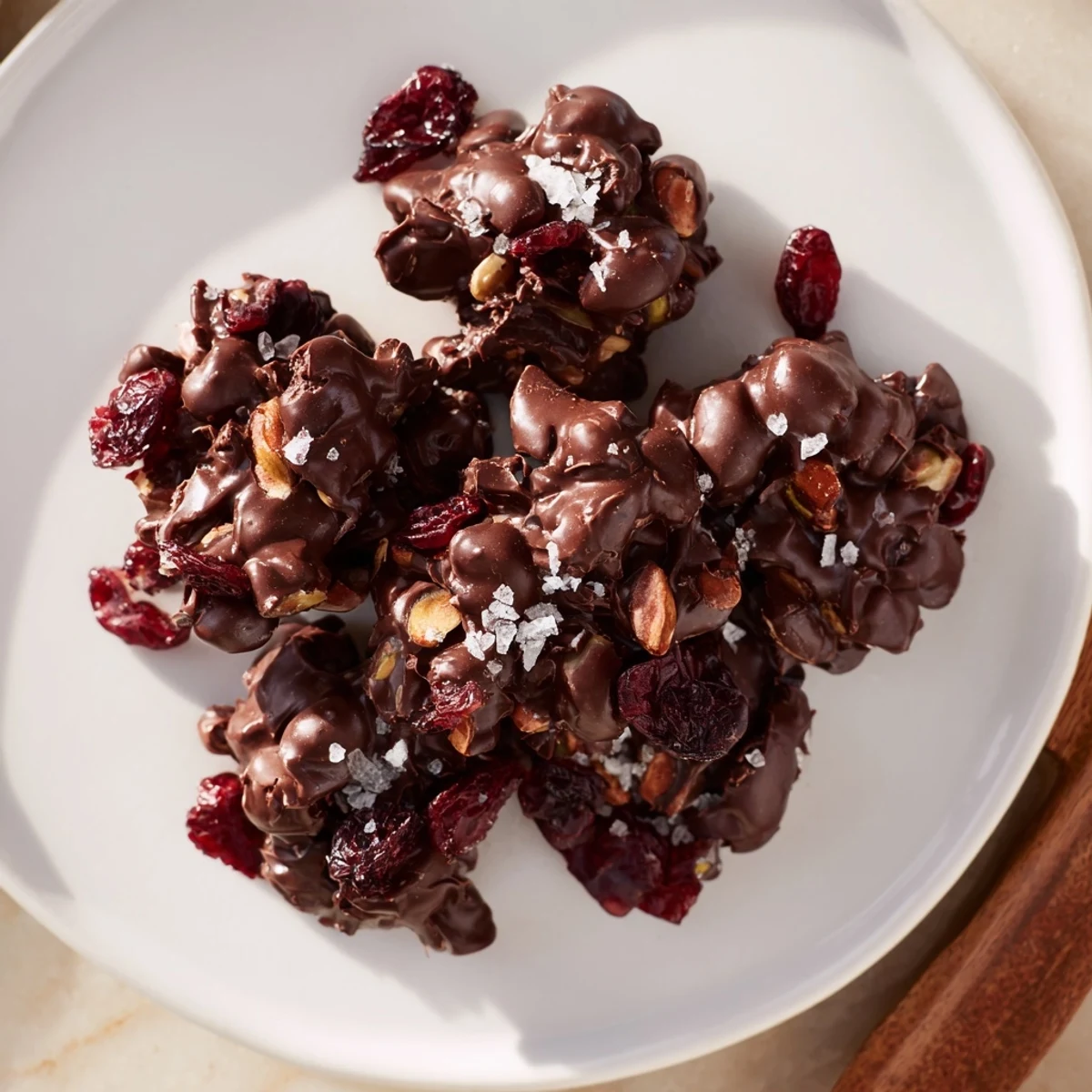 Close-up of glossy Pistachio and Dried Cranberry Clusters, showcasing the tartness of the dried cranberries and smooth chocolate.