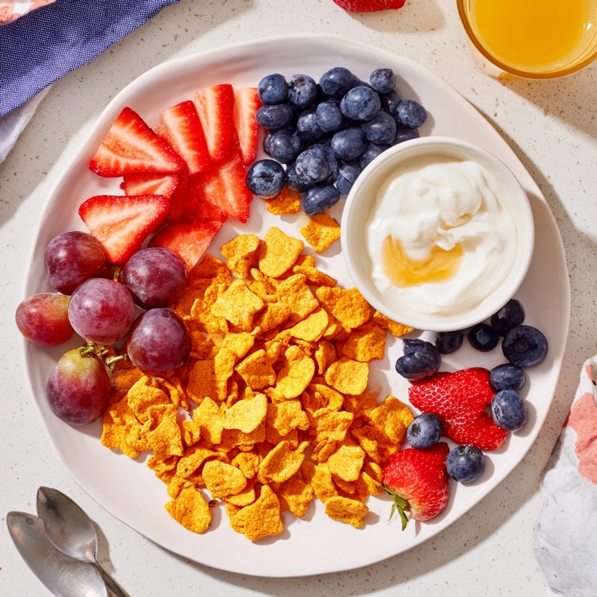 Vibrant pile of rainbow Goldfish crackers with colorful fruits and creamy yogurt dip makes a fun snack.