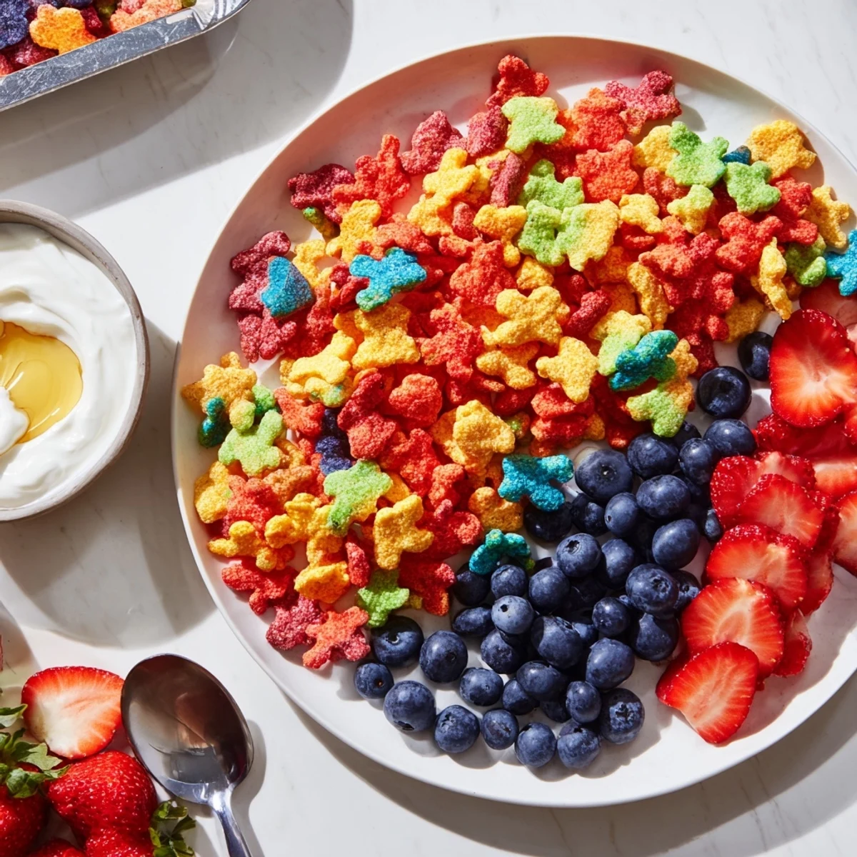 Bright rainbow Goldfish crackers are artfully arranged with fruit, ready to be dipped in vanilla yogurt.
