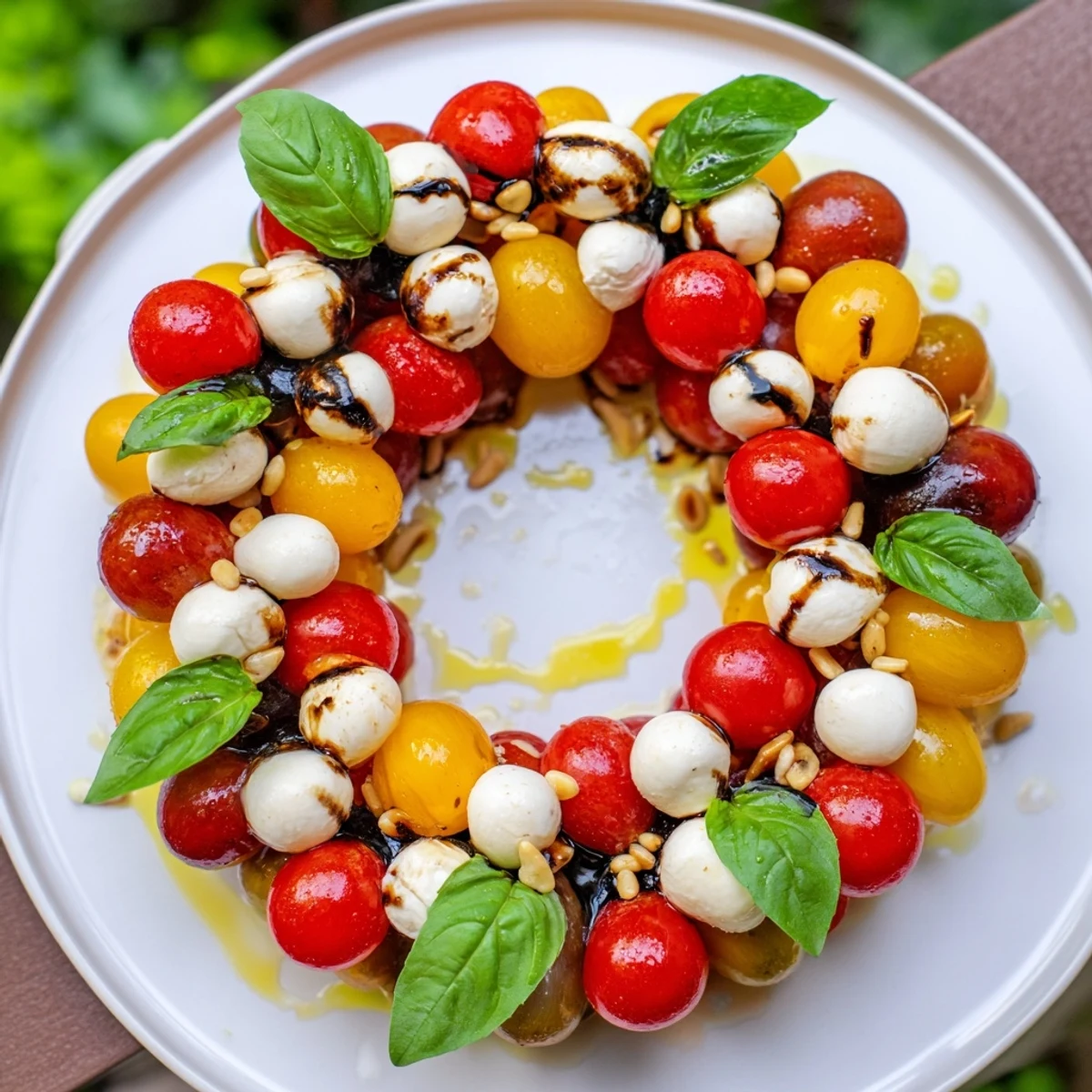Fresh, vibrant appetizer wreath: Juicy cherry tomatoes, mozzarella, and basil form a colorful ring.