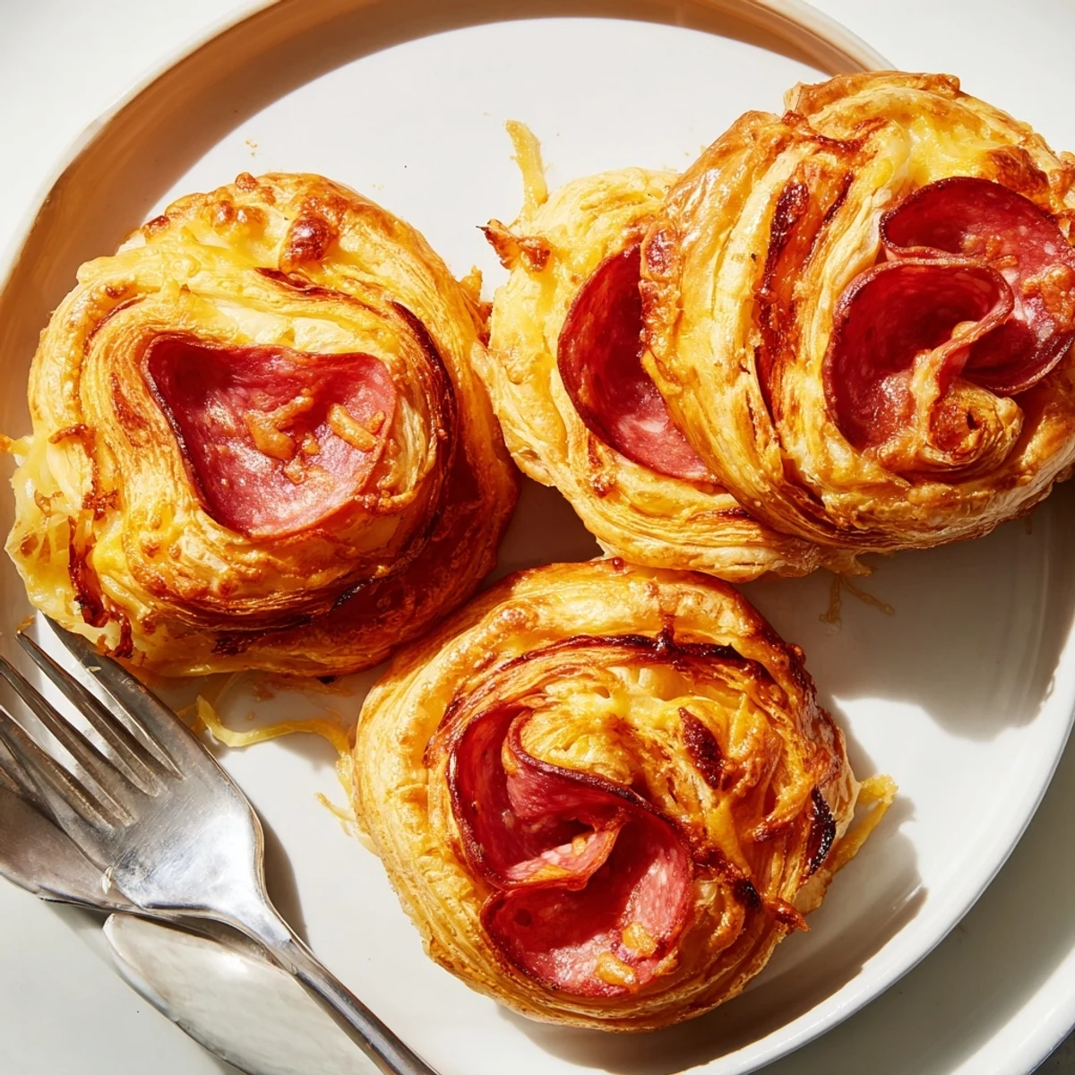 Golden, flaky Sliced Cheddar and Salami Scrolls, smelling savory and cheesy, ready to enjoy.