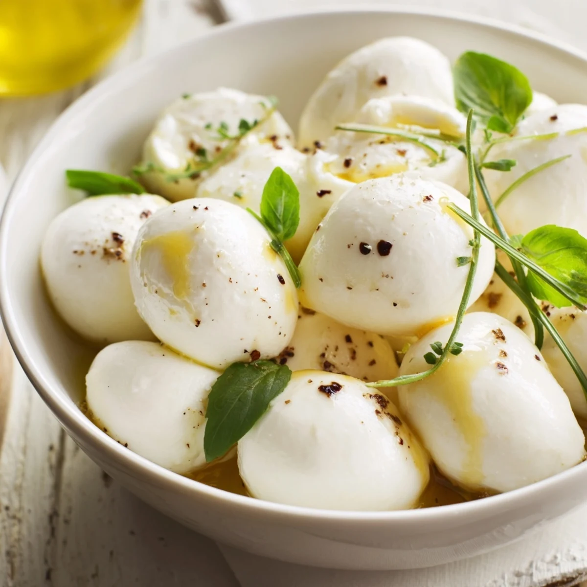 Get ready for a tasty treat! Mozzarella pearls, seasoned and drizzled in a small bowl, perfect as a snack.