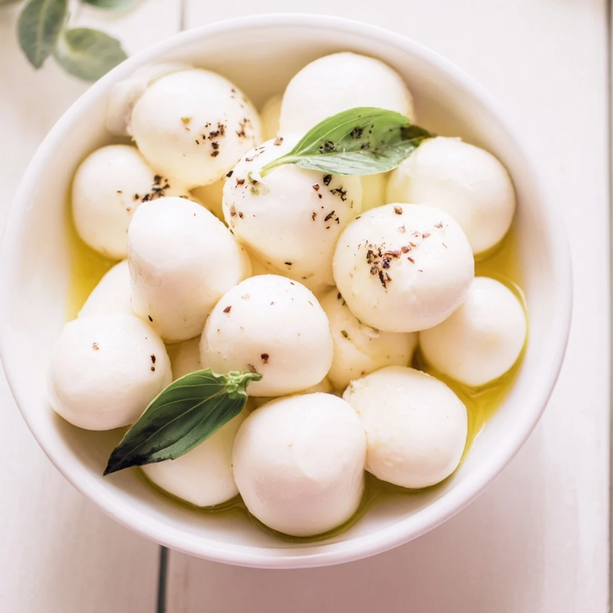 Fresh mozzarella pearls glistening with olive oil, seasoned and ready for serving in a bowl.