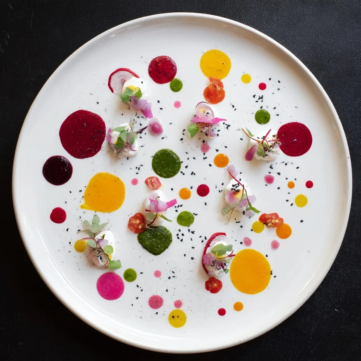 The Pointillism Dot Matrix appetizer features vibrant puree dots, colorful sauces, and fresh garnishes for a stunning plate.