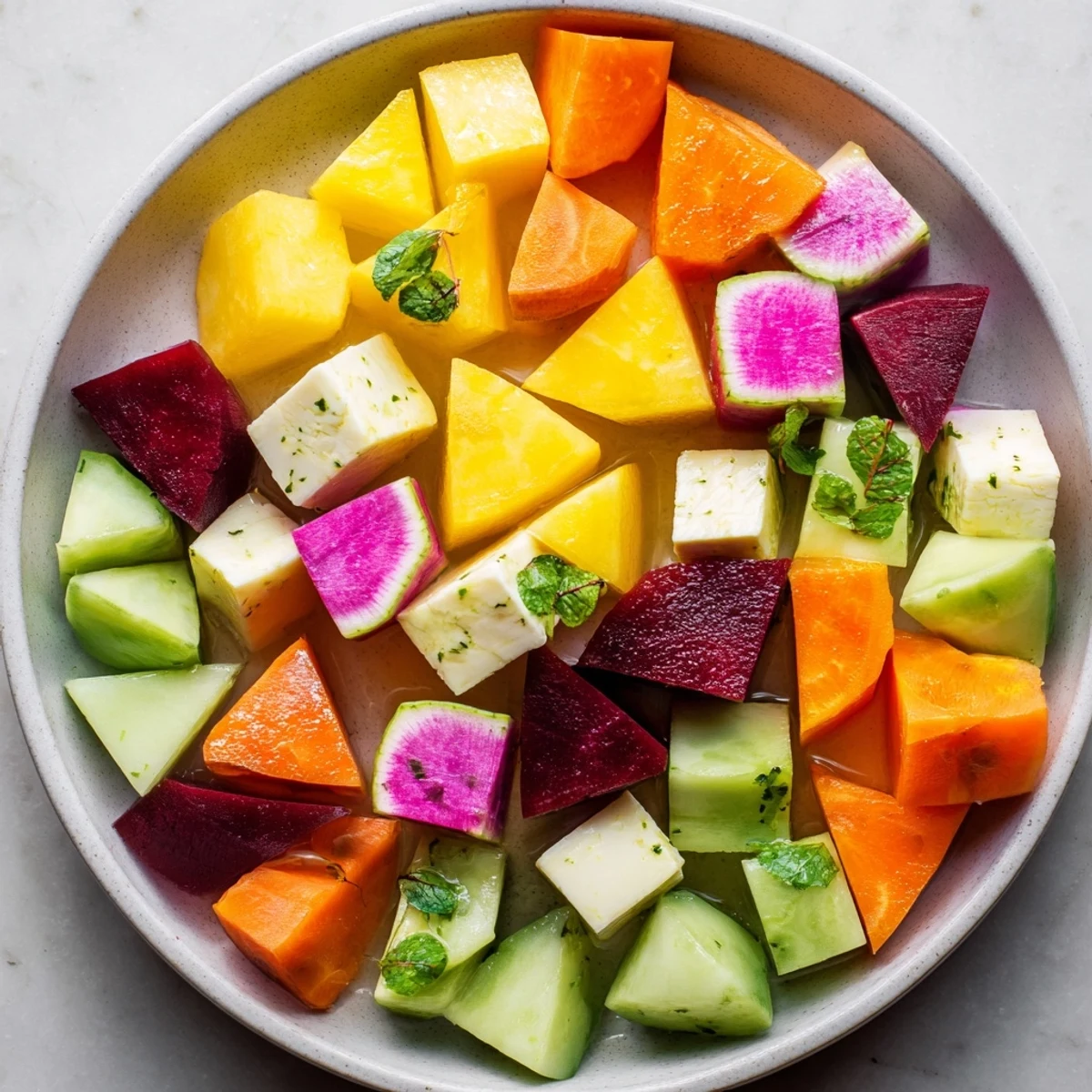 Vibrant Cubist Deconstruction on a platter; feta cheese and mango pieces enhance the flavors.