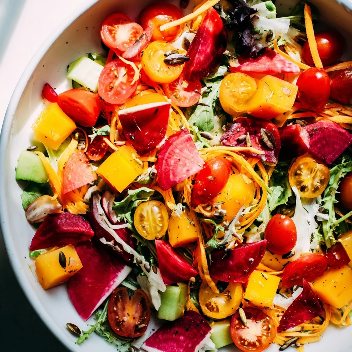 Vibrant Abstract Expressionist Splash salad features scattered watermelon, creamy avocado, and crunchy feta cheese.