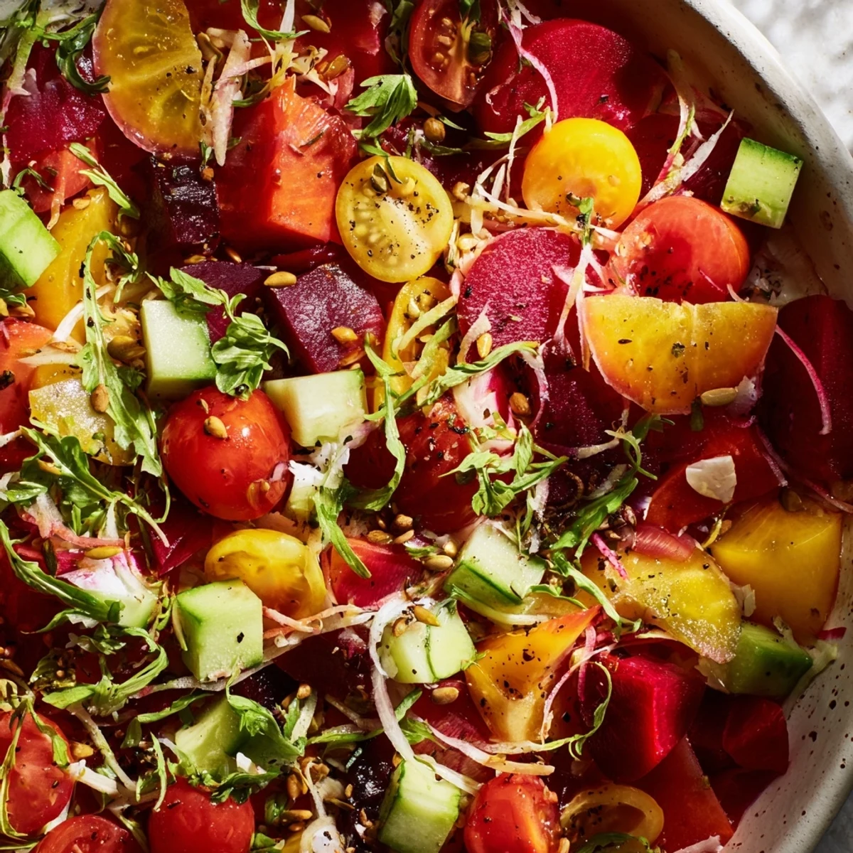 Fresh, colorful ingredients create a visually exciting Abstract Expressionist Splash salad ready to be enjoyed.