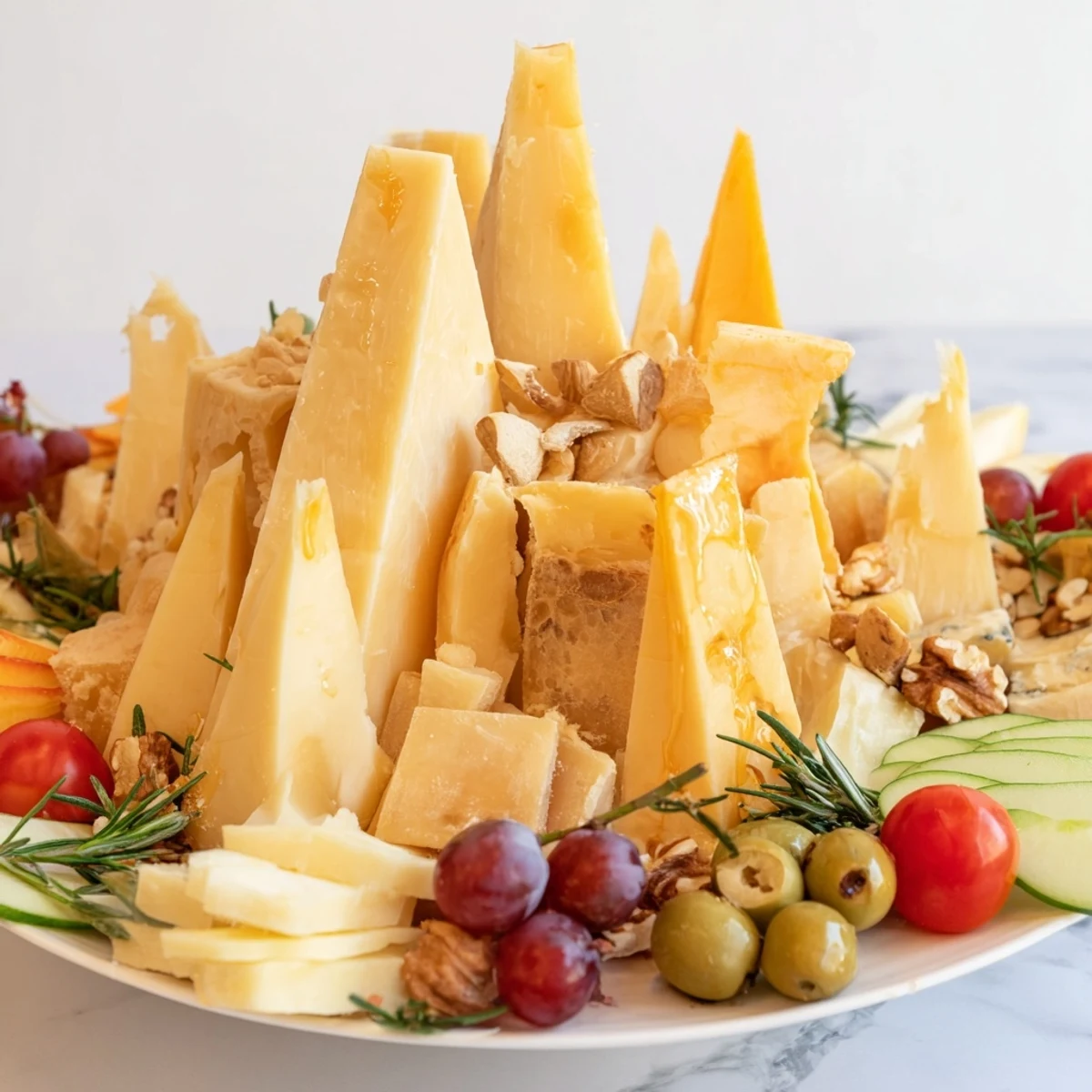 A beautiful sculptural cheese landscape, featuring hard and soft cheeses in a stunning appetizer.