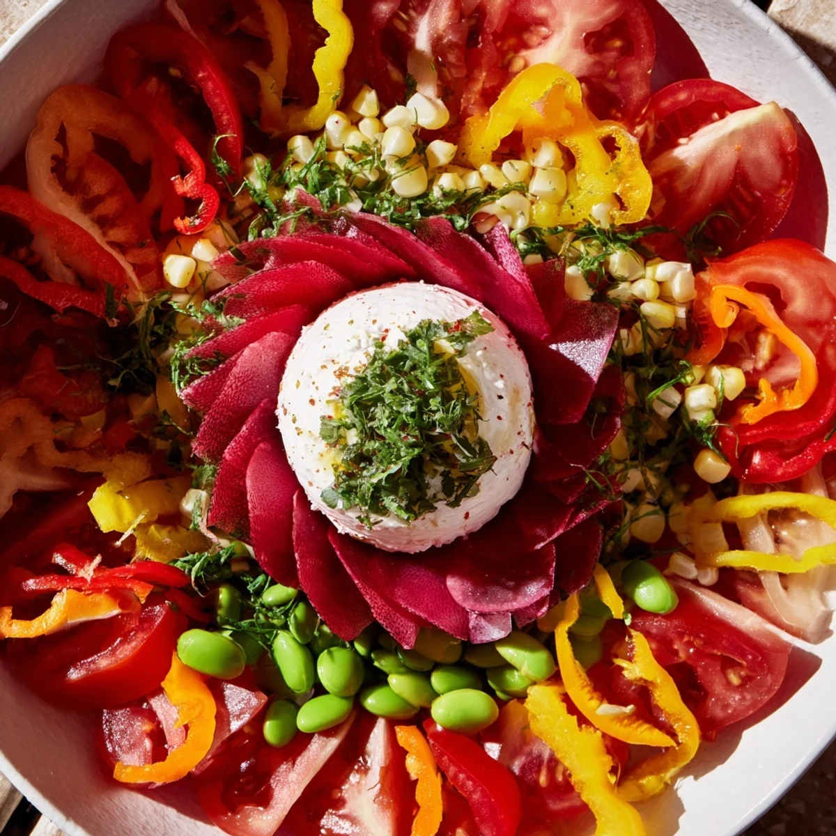 A plated Prism Burst salad with rainbow layers, a vibrant and delicious vegetarian dish.