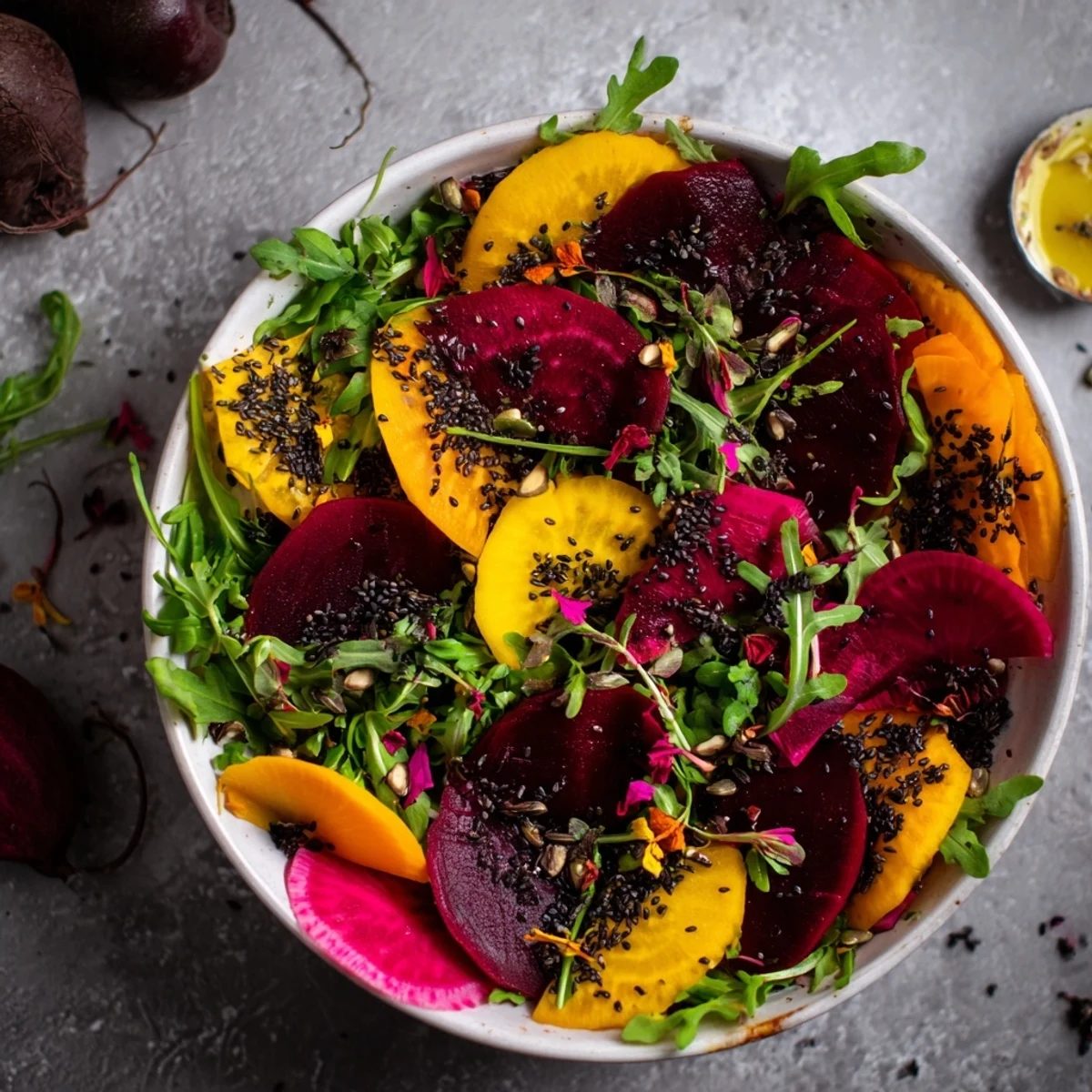 A beautifully arranged The Shadow Play appetizer featuring layered beets, radishes, and dark accents.