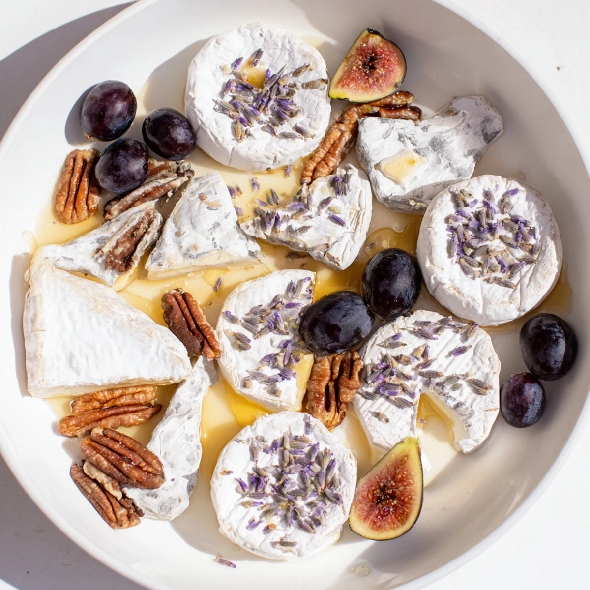 A beautifully arranged "Lavender Haze" cheese board of goat cheese, brie, and fresh figs.