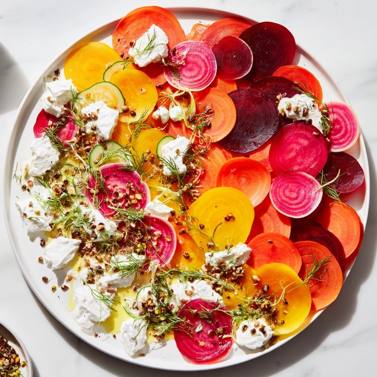 The Kinetic Motion Blur appetizer displays a vibrant arrangement of thinly sliced colorful vegetables.