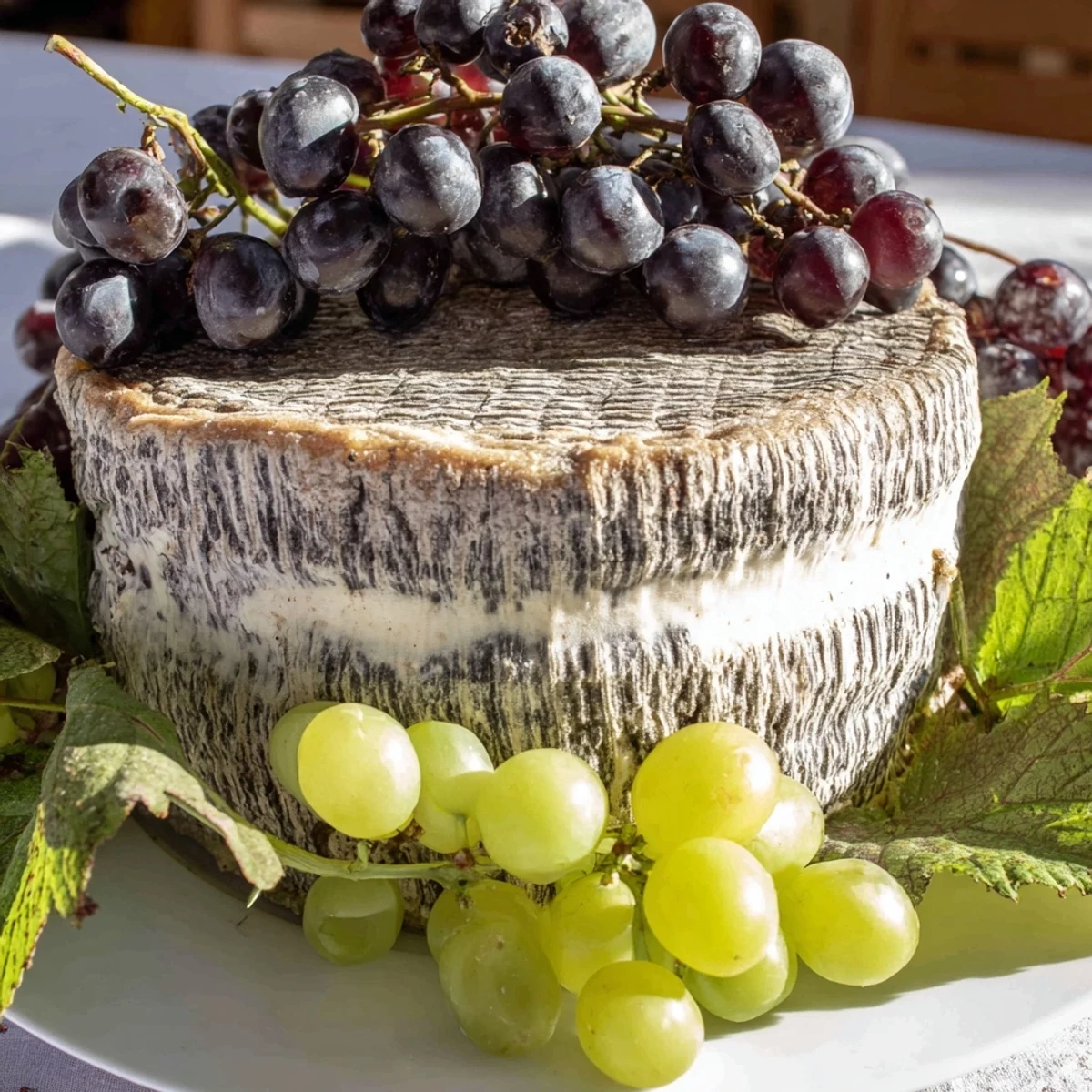 A beautiful "Rustic Vineyard" appetizer showcasing cheese wheels draped with fresh grape vines.