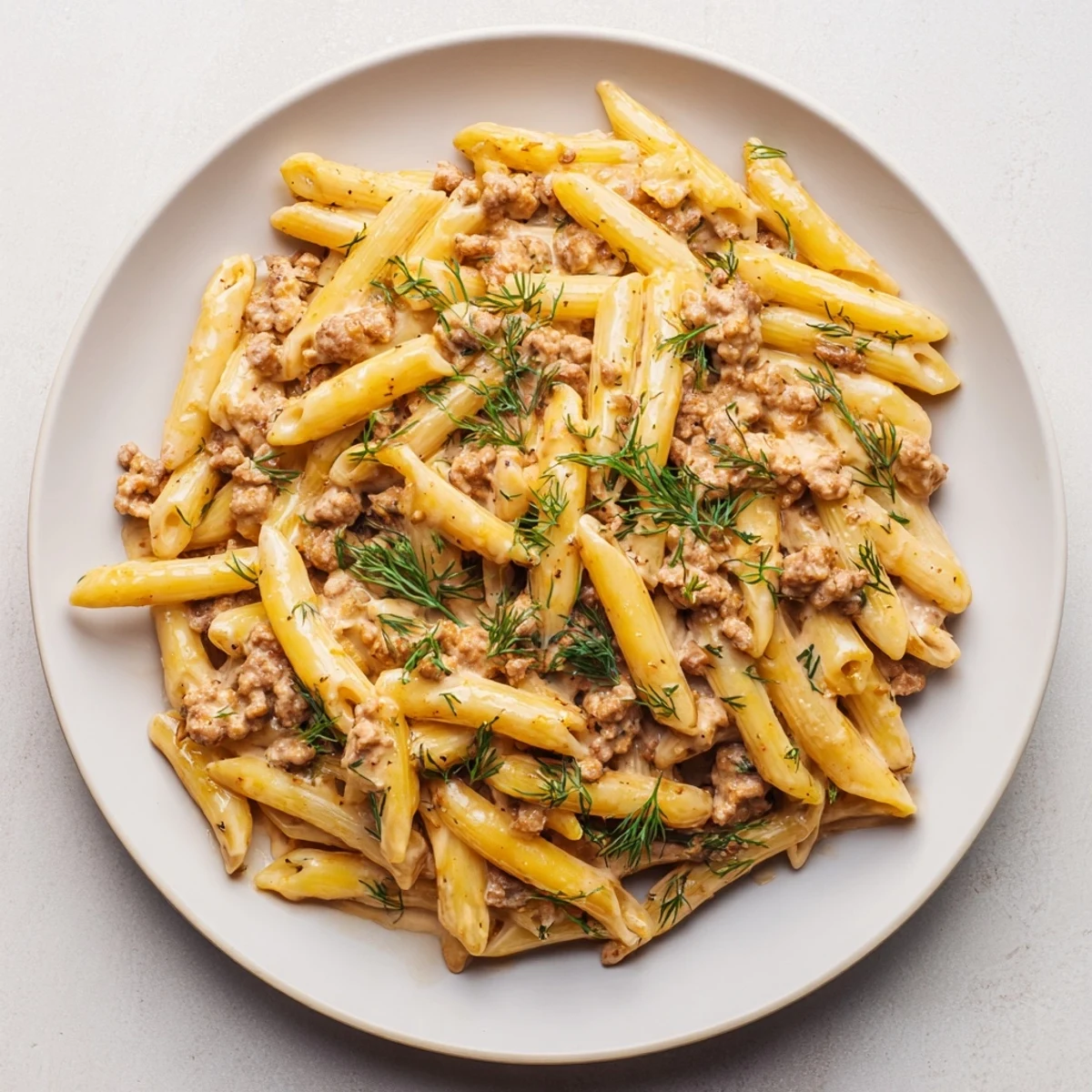 A close-up of a flavorful bowl of Turkish Pasta with Ground Turkey, creamy yogurt and tender pasta.
