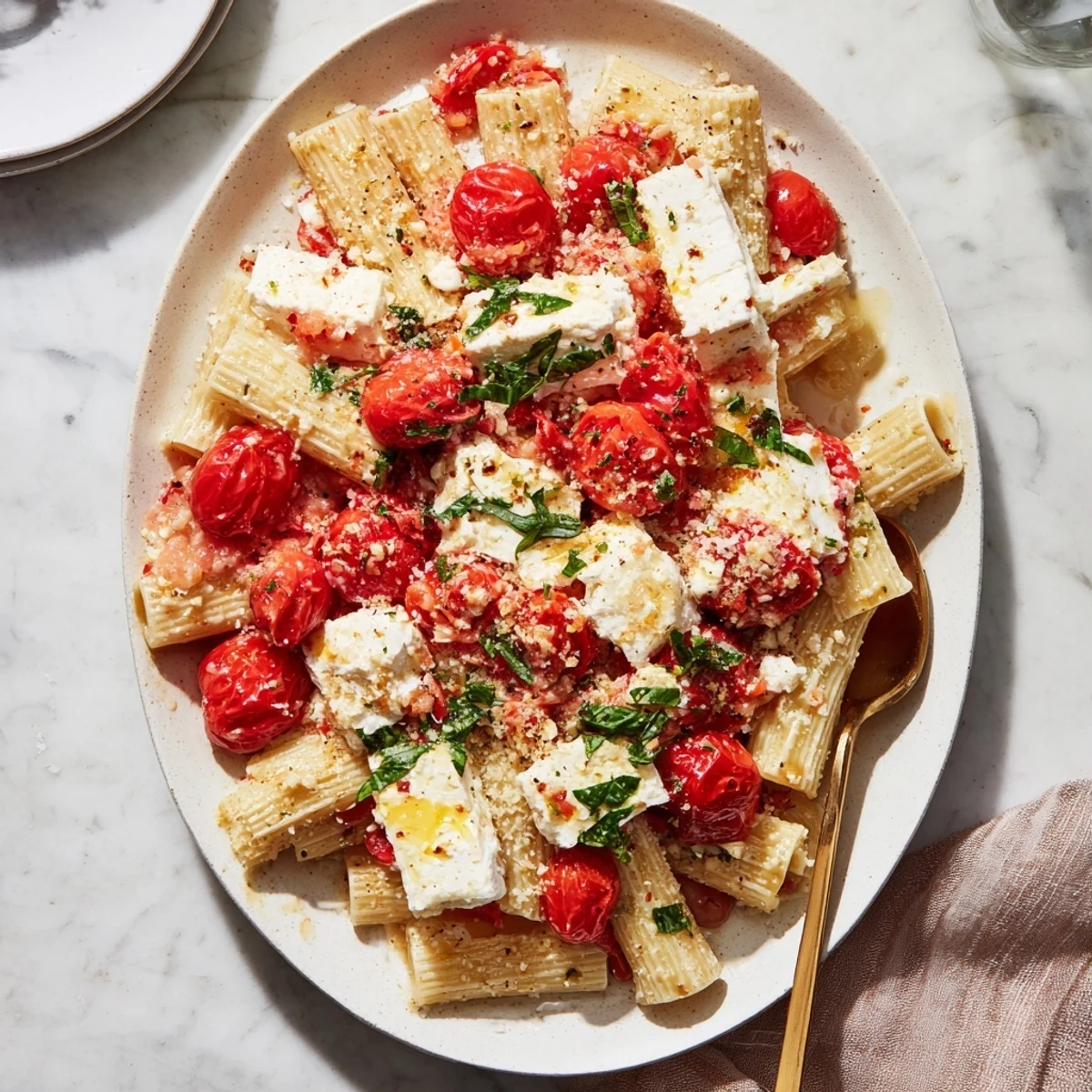 Golden baked feta dish with bursting tomatoes and honey, ready to serve over pasta.