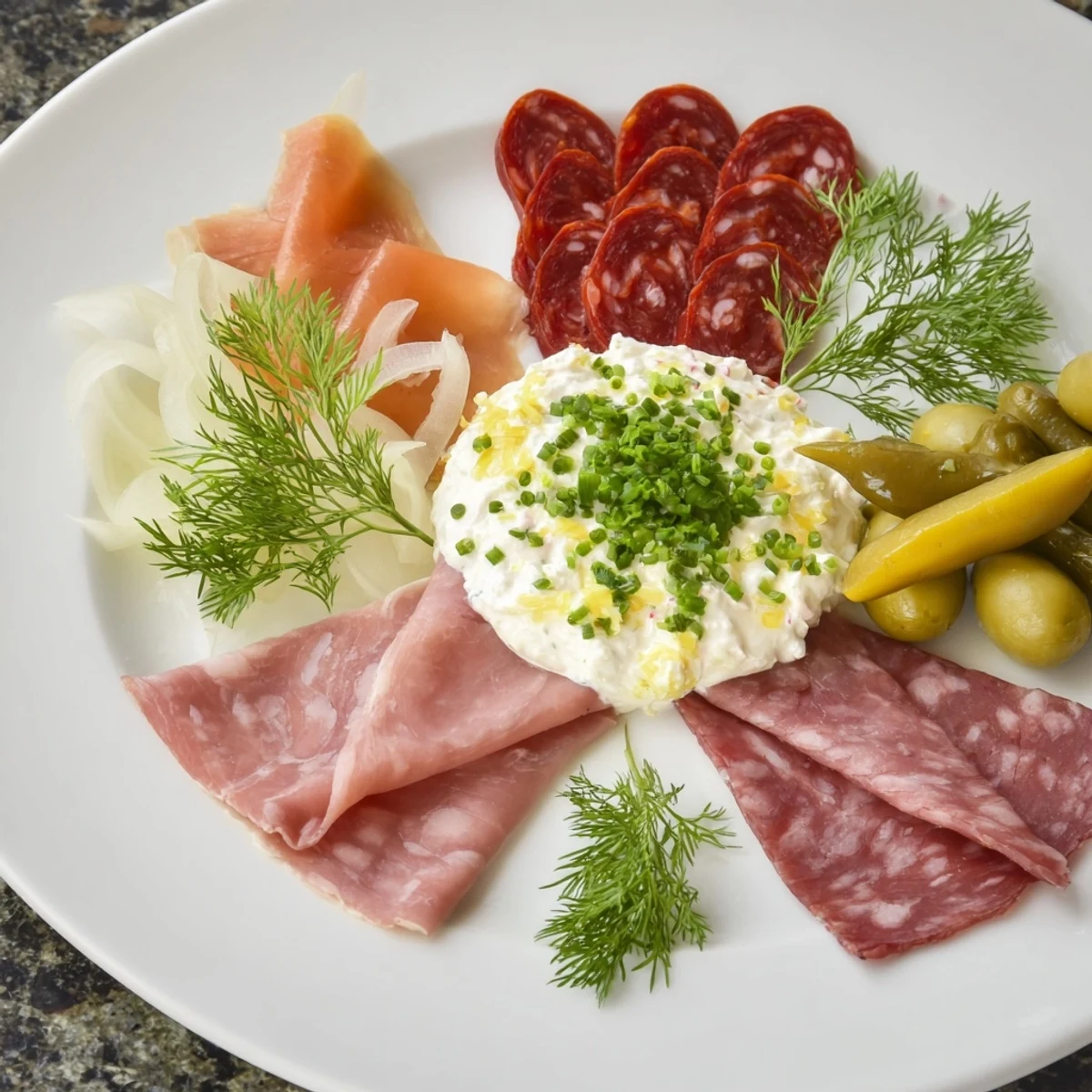 Beautifully arranged Compass Rose appetizer platter offering a variety of meats around a creamy dip.
