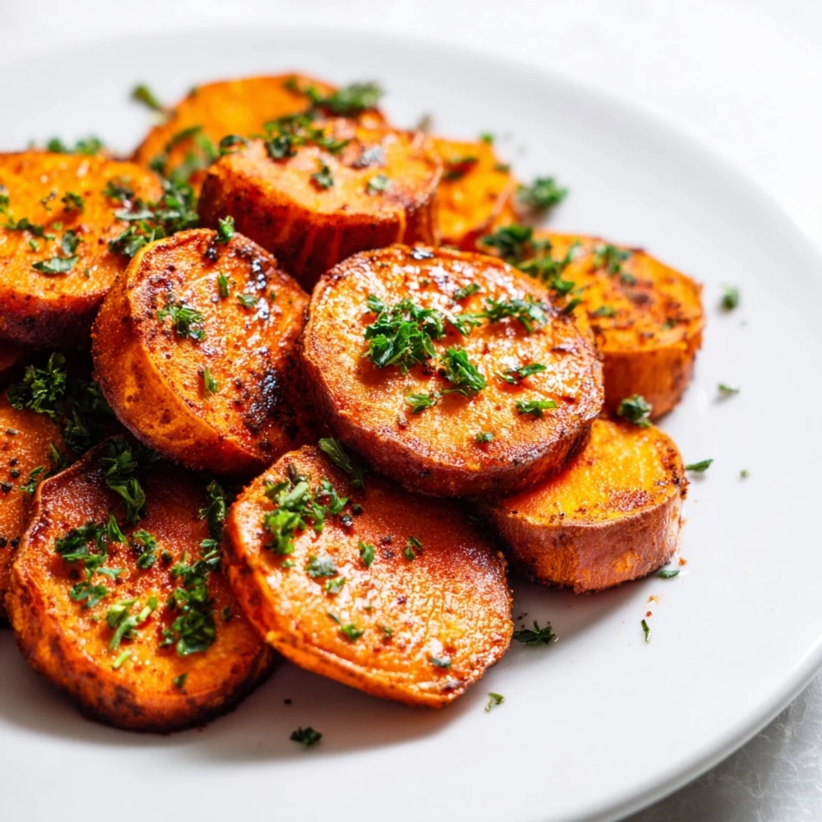 Crispy-edged Cajun roasted sweet potatoes, sprinkled with herbs, providing a delicious spicy side.