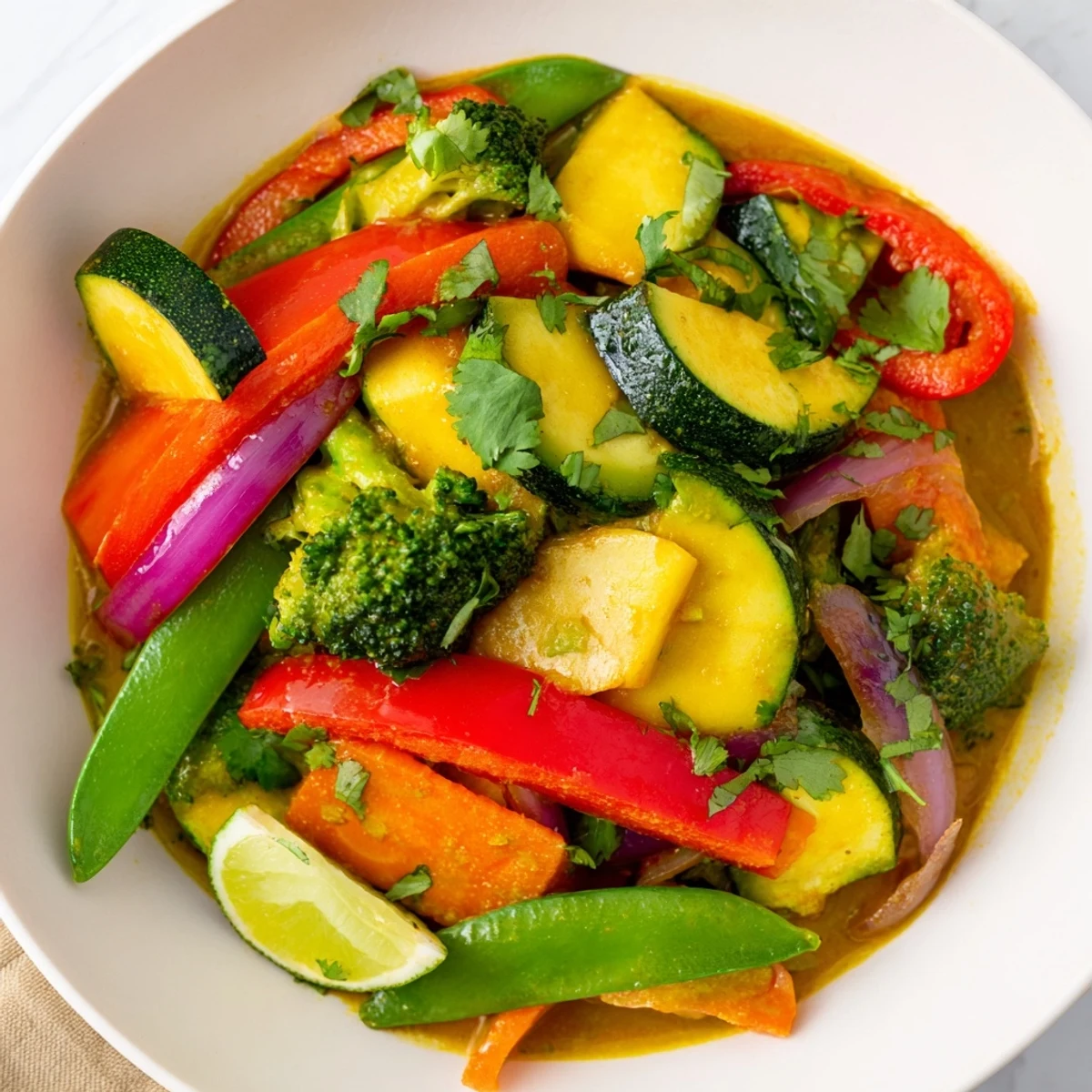 Aromatic Coconut Curry Vegetables: served hot, garnished with cilantro and lime wedges for a flavorful vegan meal.