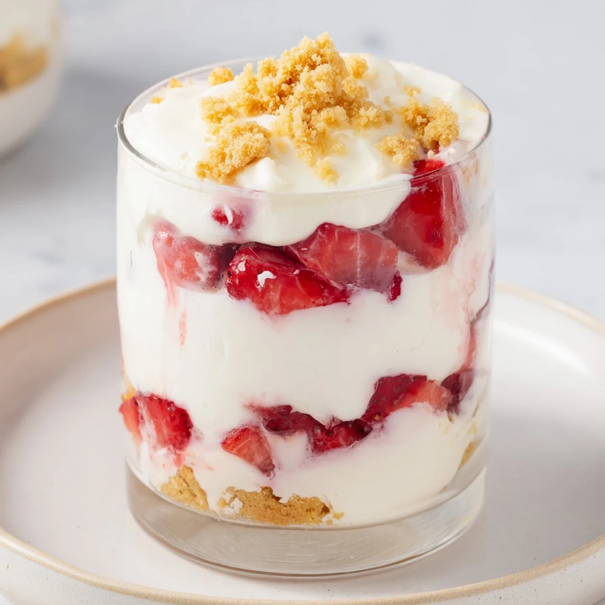 A close-up of a beautifully layered Strawberry Cheesecake Parfait, perfect for a refreshing dessert treat.