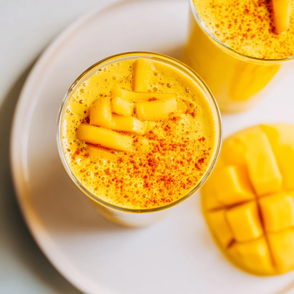 A close-up of a refreshing Mango Turmeric Smoothie, blended to a smooth, golden perfection in a glass.