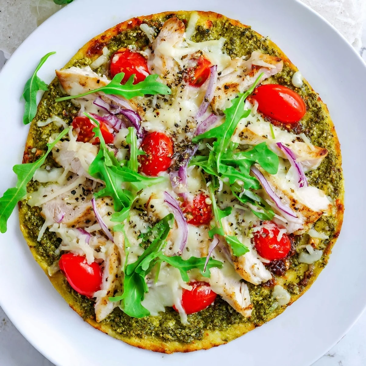 Golden, bubbly Pesto Chicken Flatbread with mozzarella, tomatoes, and red onion, ready to eat.