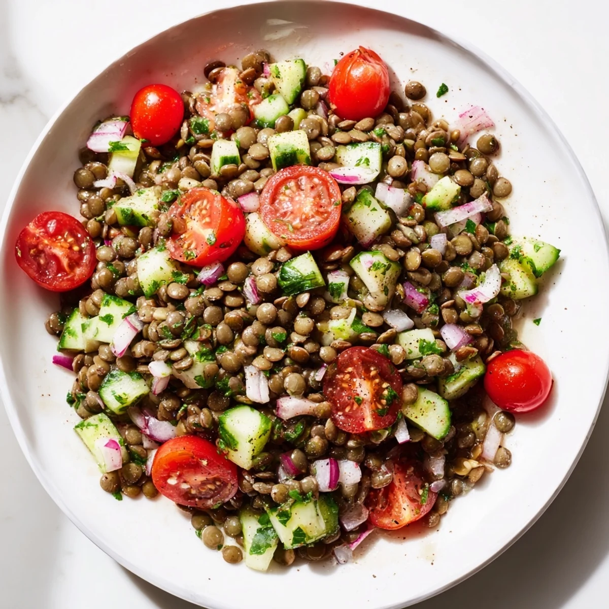 A colorful lentil salad showcases a heap of cooked lentils with fresh vibrant vegetables and tangy dressing.