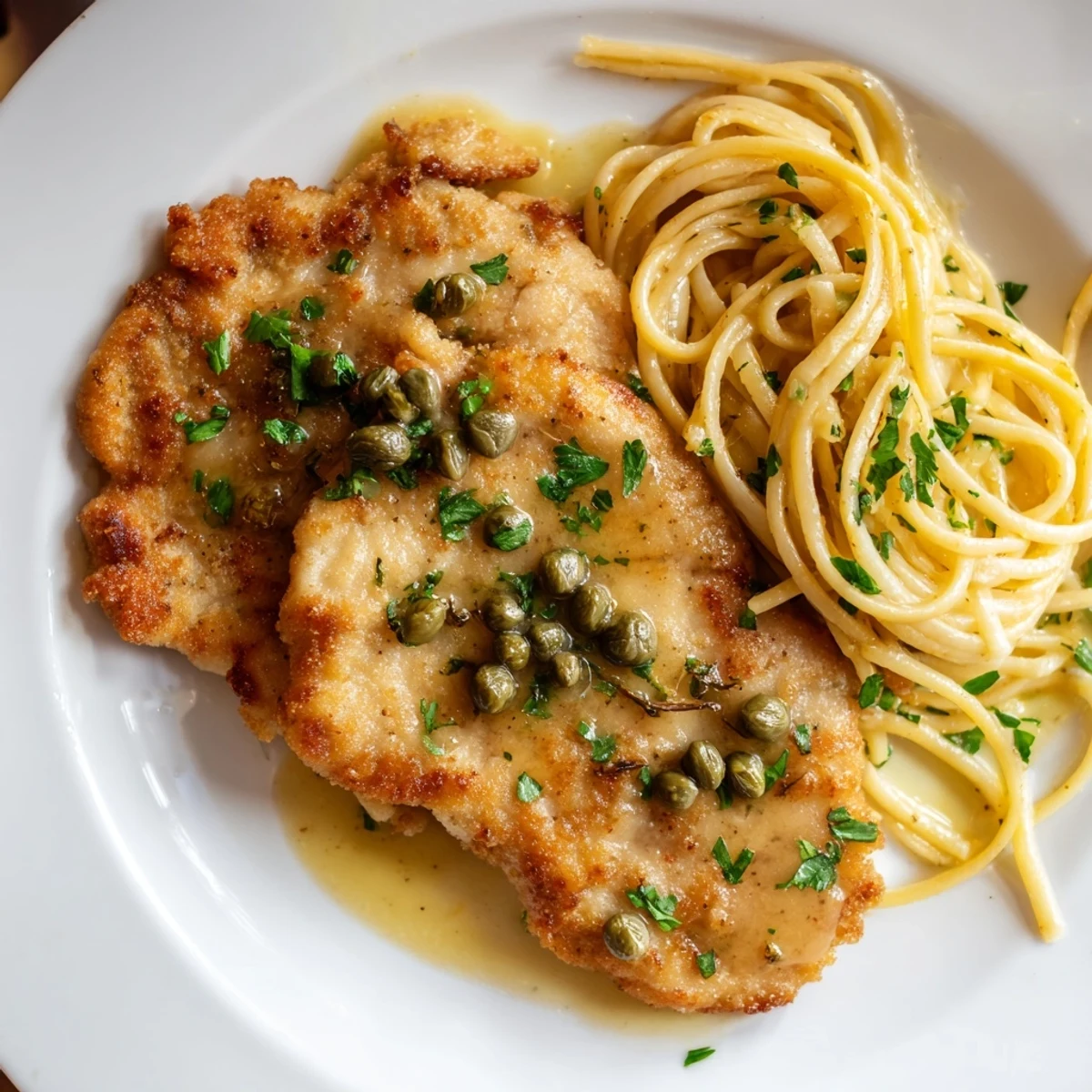 A steaming plate of Quick Chicken Piccata Pasta offers a delightful blend of lemon, capers, and tender chicken.